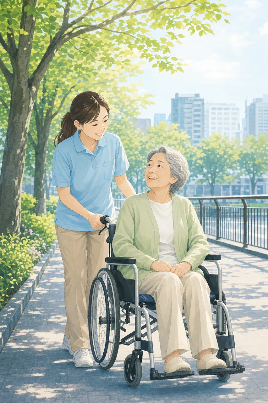 介護スタッフと高齢者 0444。健康・医療をテーマにした、広告・Web・記事制作に使いやすい素材です。