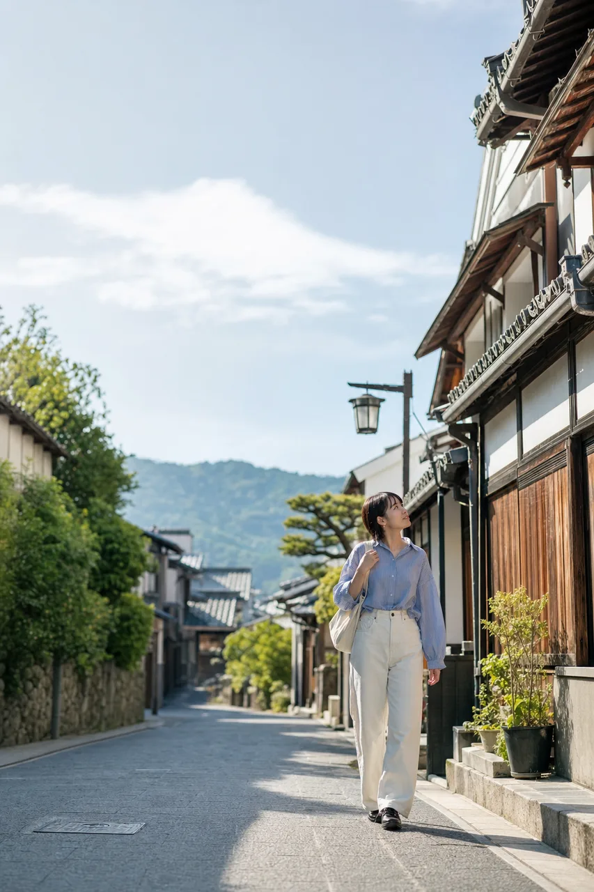 日本の地方都市を歩く旅人 0466。旅行をテーマにした、広告・Web・記事制作に使いやすい素材です。