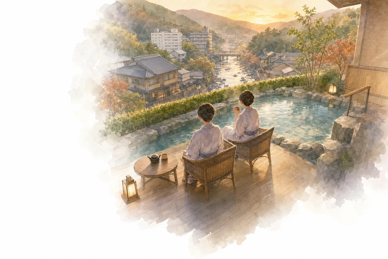 温泉地でくつろぐ旅行者 0478。旅行をテーマにした、広告・Web・記事制作に使いやすい素材です。