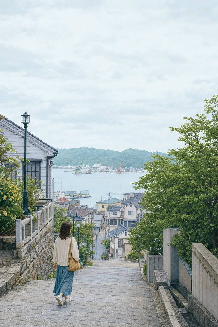 海辺の町の散策 0502。旅行をテーマにした、広告・Web・記事制作に使いやすい素材です。