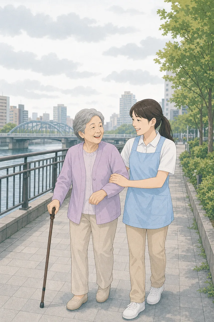 介護スタッフと高齢者 0504。健康・医療をテーマにした、広告・Web・記事制作に使いやすい素材です。