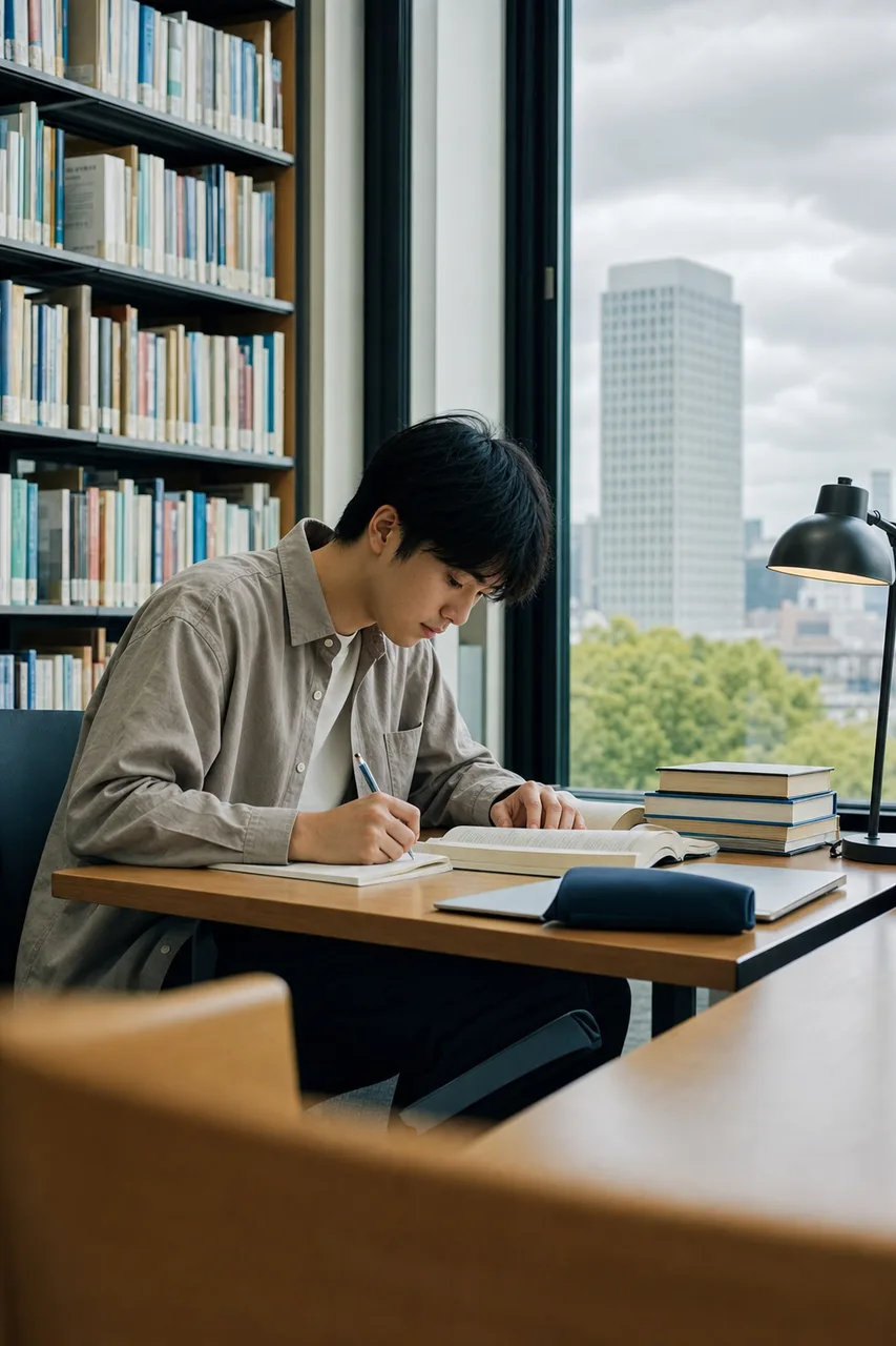 図書館で調べ物をする学生 0505。教育をテーマにした、広告・Web・記事制作に使いやすい素材です。