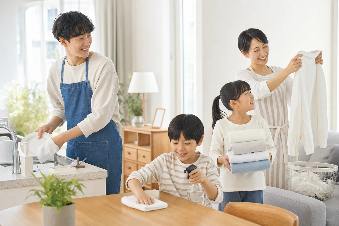 家事を分担する家族 0511。ライフスタイルをテーマにした、広告・Web・記事制作に使いやすい素材です。