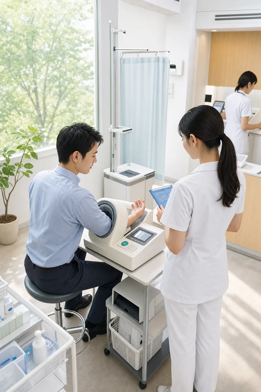 健康診断を受ける社会人 0516。健康・医療をテーマにした、広告・Web・記事制作に使いやすい素材です。