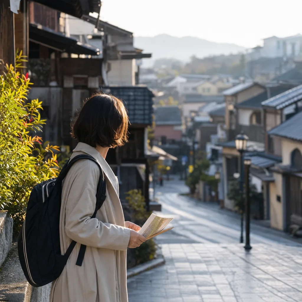 日本の地方都市を歩く旅人 0526。旅行をテーマにした、広告・Web・記事制作に使いやすい素材です。