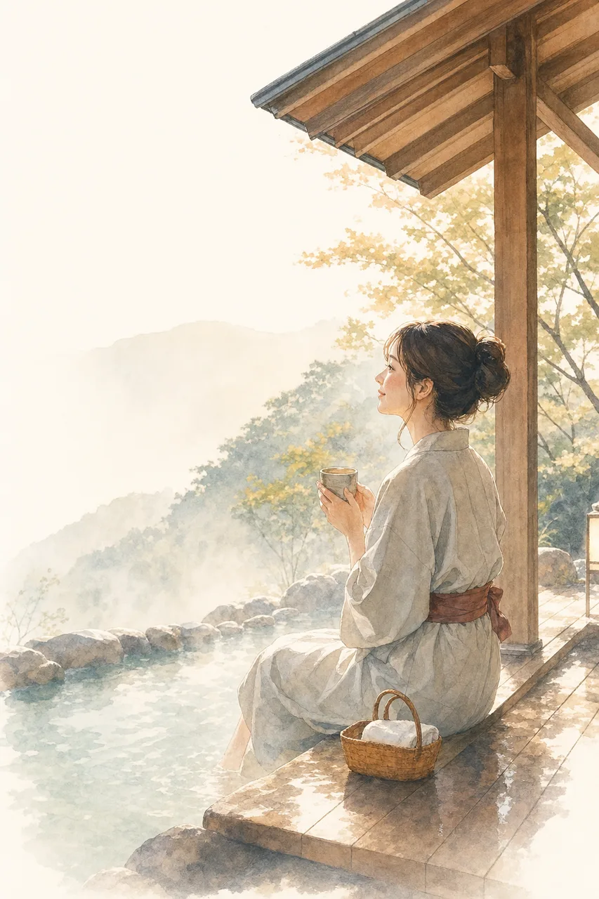 温泉地でくつろぐ旅行者 0538。旅行をテーマにした、広告・Web・記事制作に使いやすい素材です。