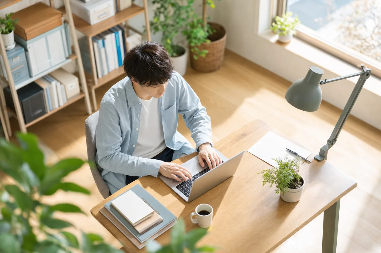 一人で集中する若い社会人 0545。人物をテーマにした、広告・Web・記事制作に使いやすい素材です。