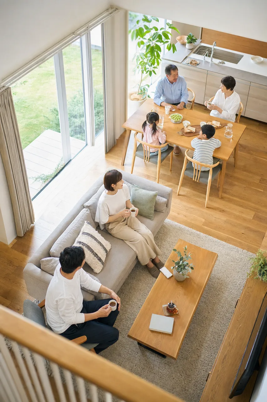 家族が集まるリビング 0554。住宅・建築をテーマにした、広告・Web・記事制作に使いやすい素材です。