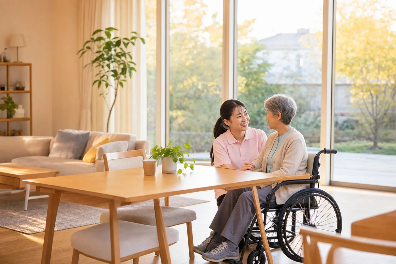 介護スタッフと高齢者 0564。健康・医療をテーマにした、広告・Web・記事制作に使いやすい素材です。