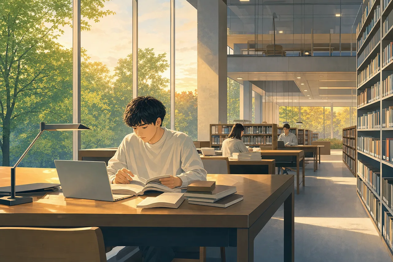 図書館で調べ物をする学生 0565。教育をテーマにした、広告・Web・記事制作に使いやすい素材です。