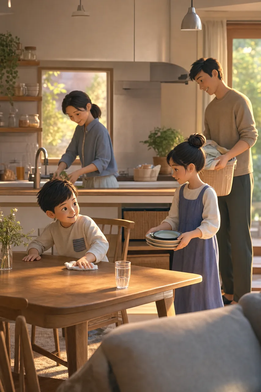 家事を分担する家族 0571。ライフスタイルをテーマにした、広告・Web・記事制作に使いやすい素材です。