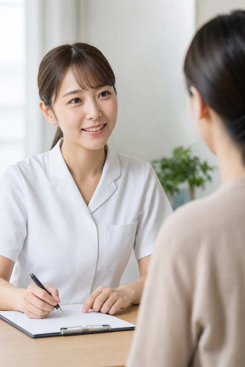 明るい医療施設での相談 0588。健康・医療をテーマにした、広告・Web・記事制作に使いやすい素材です。