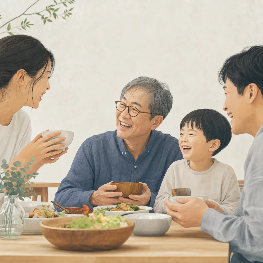 自然に会話する多世代の家族 0593。人物をテーマにした、広告・Web・記事制作に使いやすい素材です。