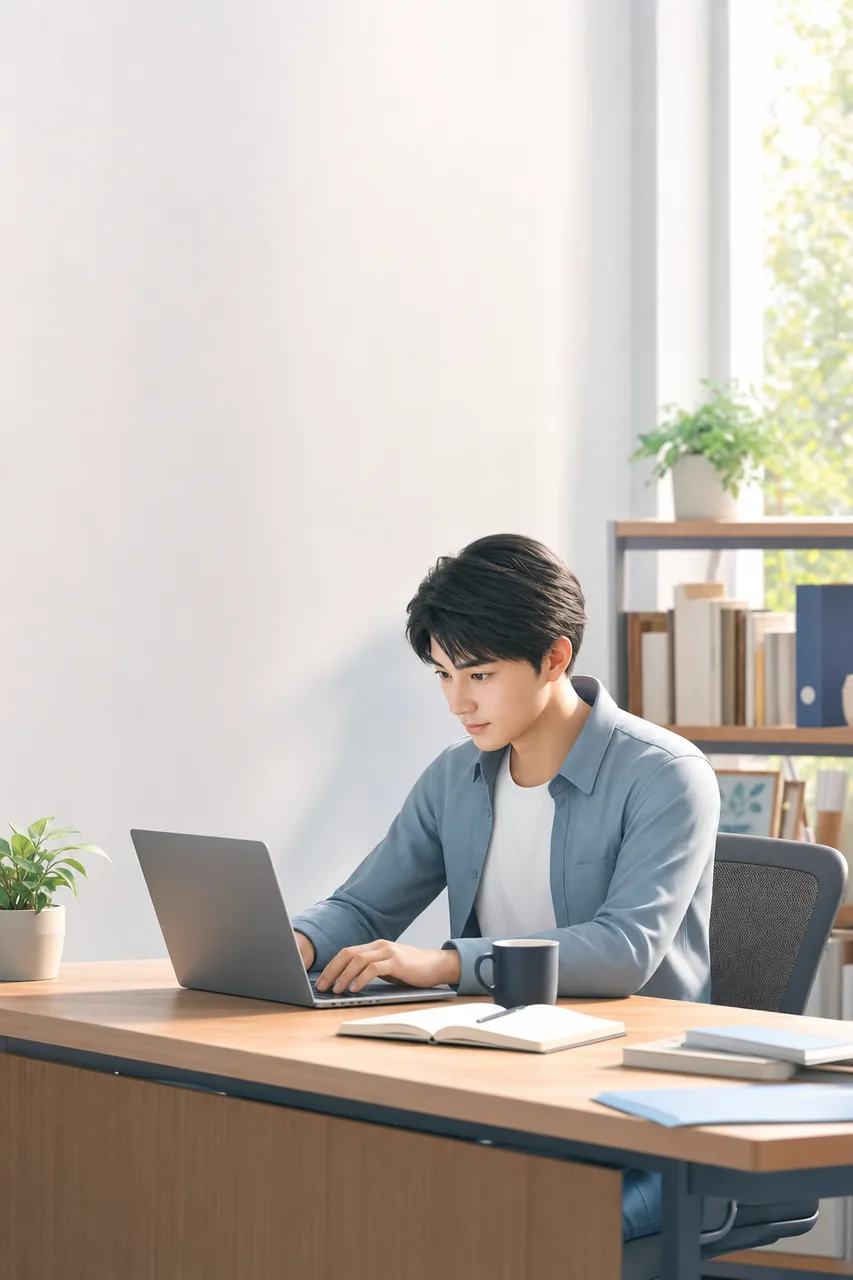 一人で集中する若い社会人 0605。人物をテーマにした、広告・Web・記事制作に使いやすい素材です。