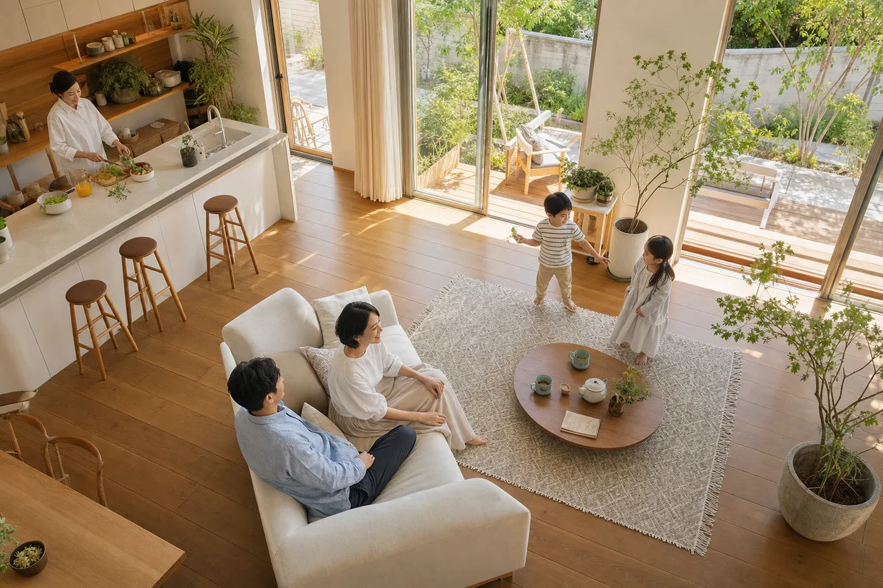 家族が集まるリビング 0614。住宅・建築をテーマにした、広告・Web・記事制作に使いやすい素材です。