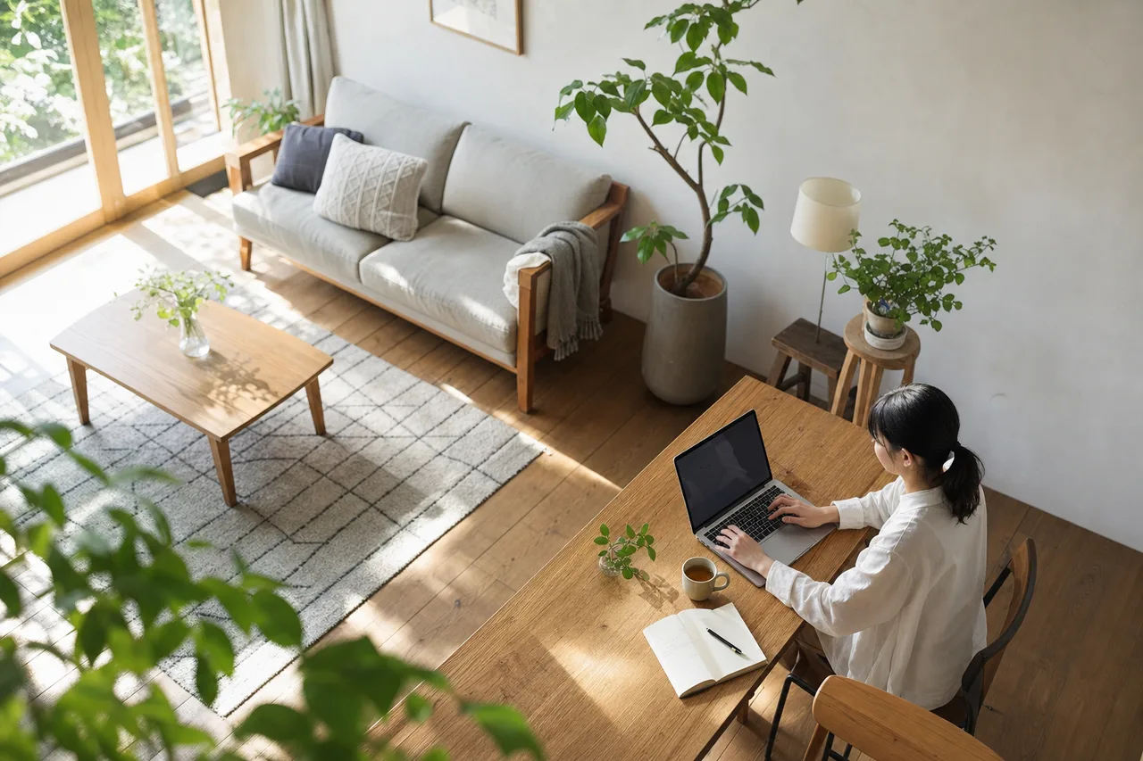 リモートワークの作業風景 0618。ビジネスをテーマにした、広告・Web・記事制作に使いやすい素材です。