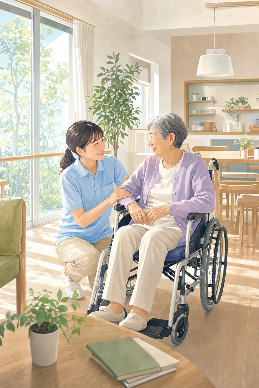 介護スタッフと高齢者 0624。健康・医療をテーマにした、広告・Web・記事制作に使いやすい素材です。