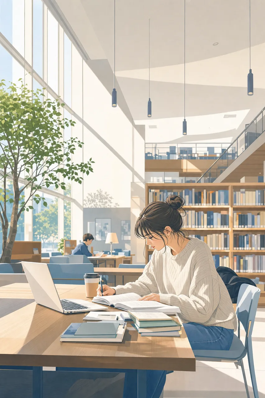 図書館で調べ物をする学生 0625。教育をテーマにした、広告・Web・記事制作に使いやすい素材です。