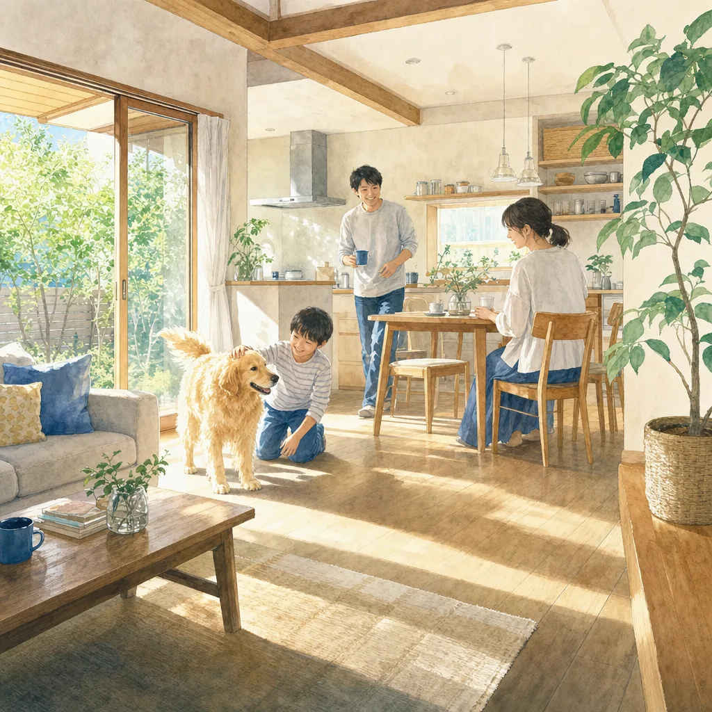 動物と暮らす家族 0627。動物をテーマにした、広告・Web・記事制作に使いやすい素材です。