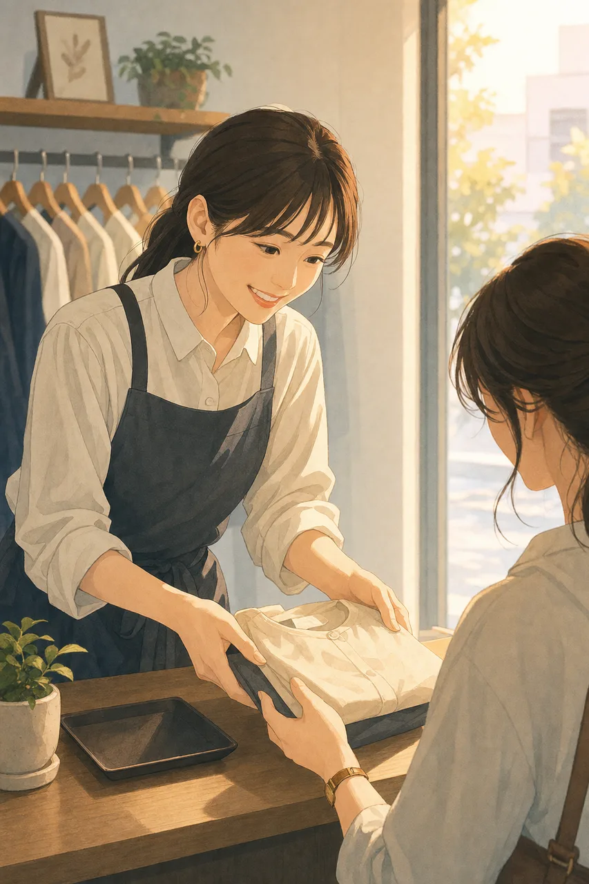 店舗スタッフの接客 0654。ビジネスをテーマにした、広告・Web・記事制作に使いやすい素材です。