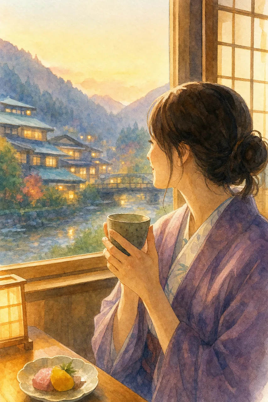 温泉地でくつろぐ旅行者 0658。旅行をテーマにした、広告・Web・記事制作に使いやすい素材です。