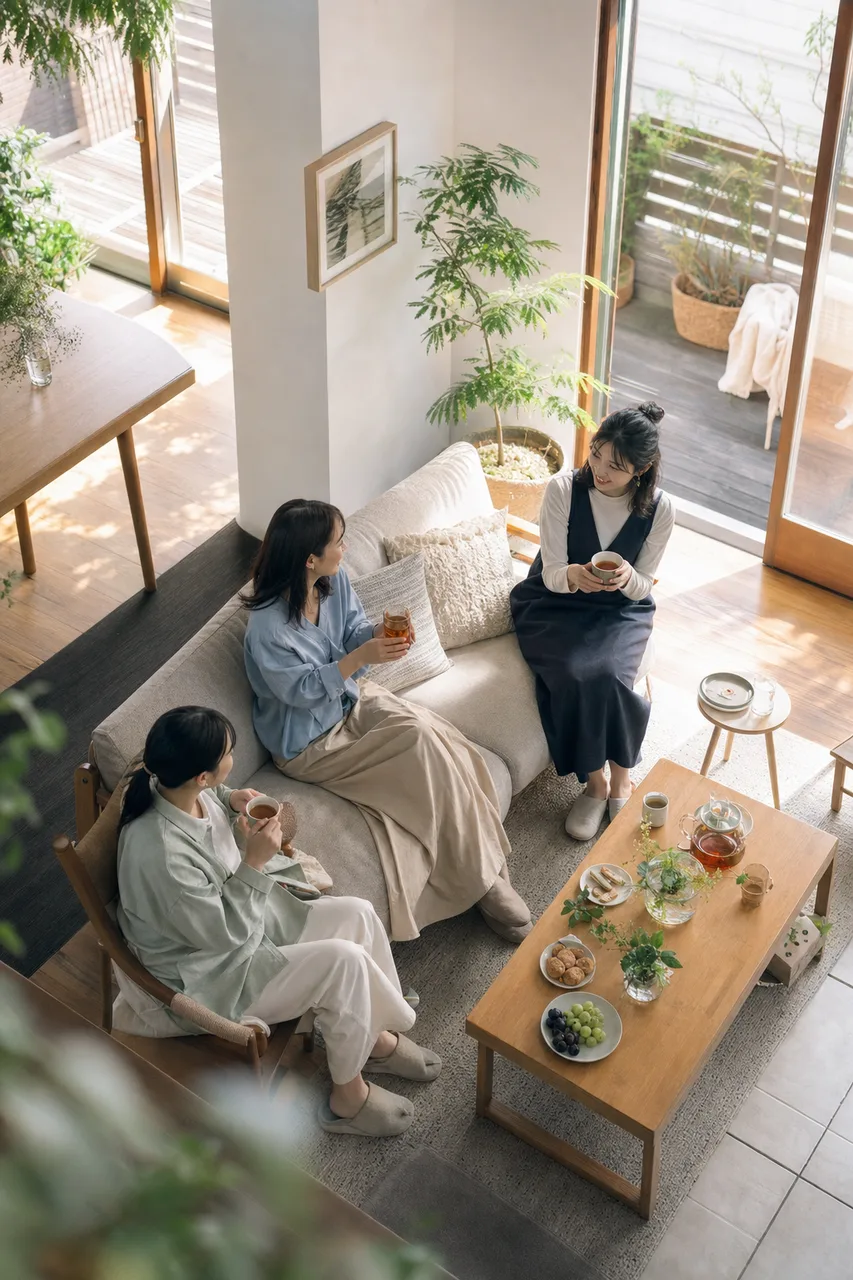 友人と過ごす穏やかな午後 0679。ライフスタイルをテーマにした、広告・Web・記事制作に使いやすい素材です。