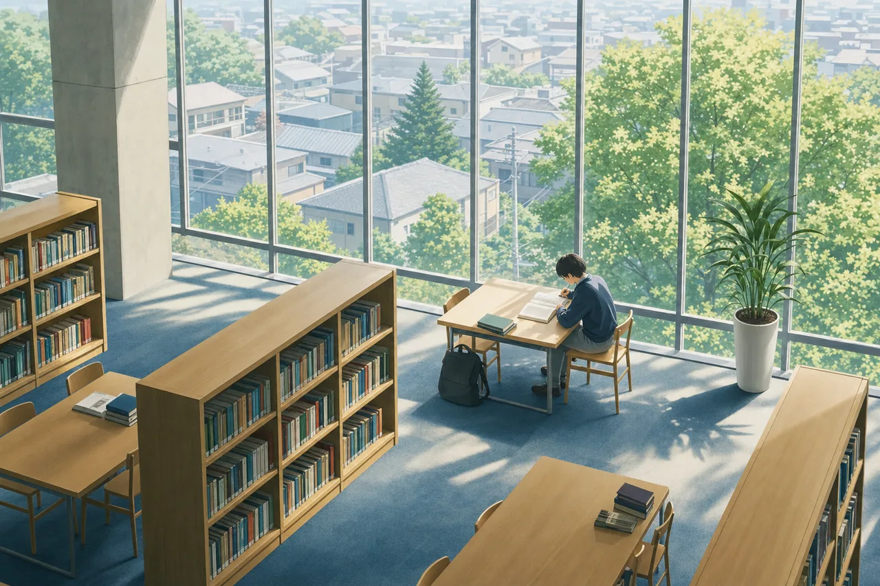 図書館で調べ物をする学生 0685。教育をテーマにした、広告・Web・記事制作に使いやすい素材です。
