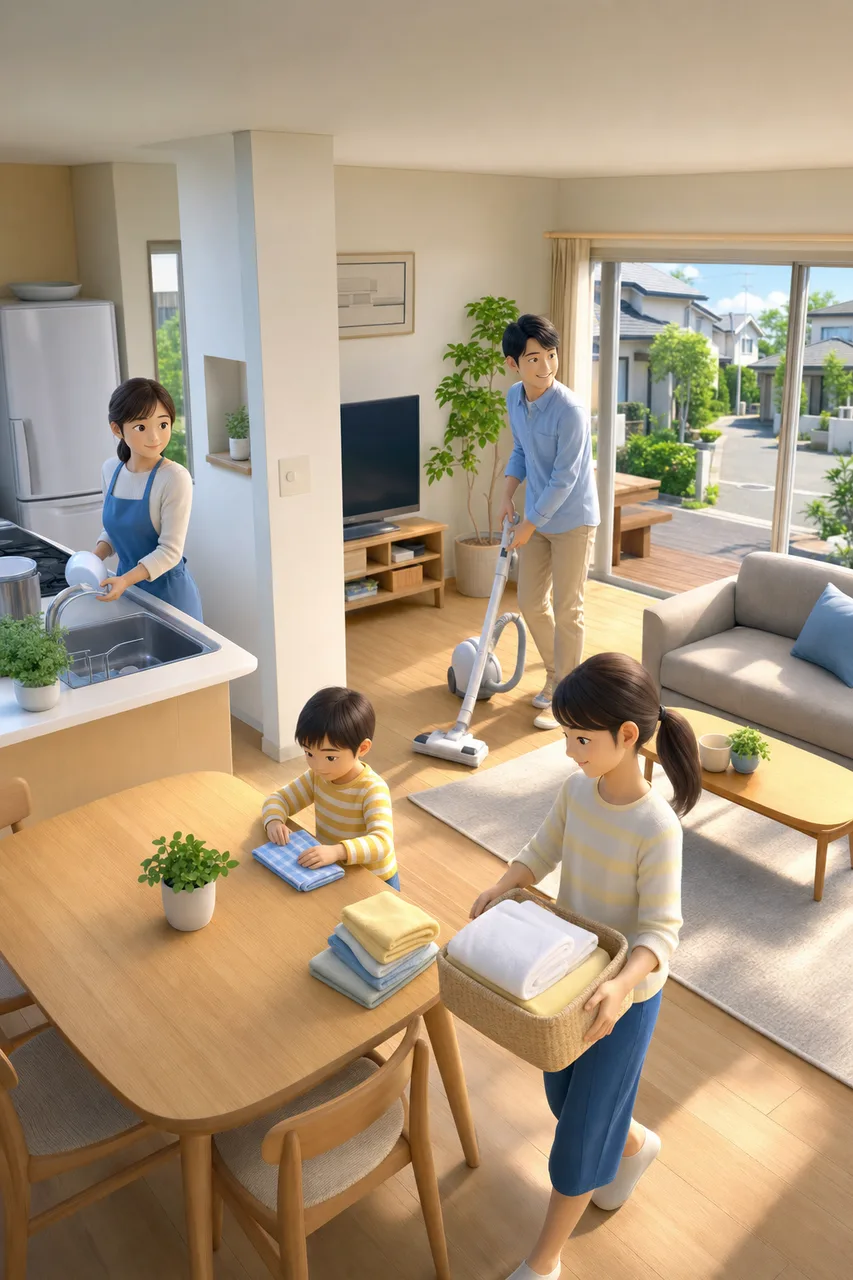 家事を分担する家族 0691。ライフスタイルをテーマにした、広告・Web・記事制作に使いやすい素材です。