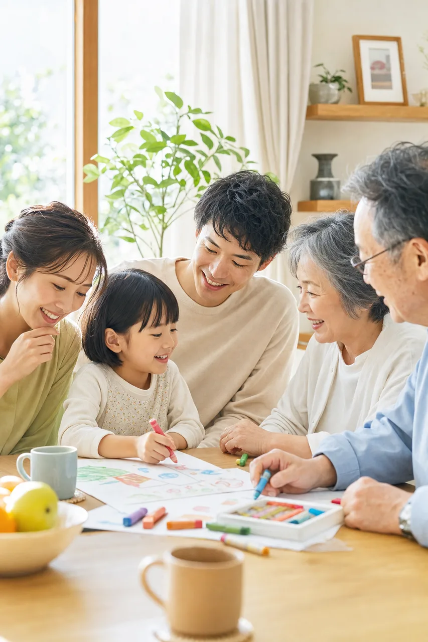 自然に会話する多世代の家族 0713。人物をテーマにした、広告・Web・記事制作に使いやすい素材です。