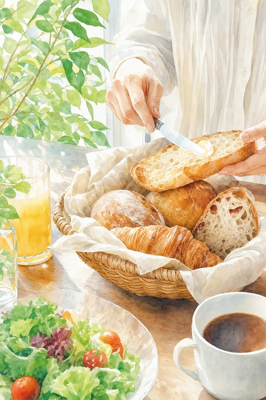 焼きたてのパンと飲み物 0716。食べ物をテーマにした、広告・Web・記事制作に使いやすい素材です。