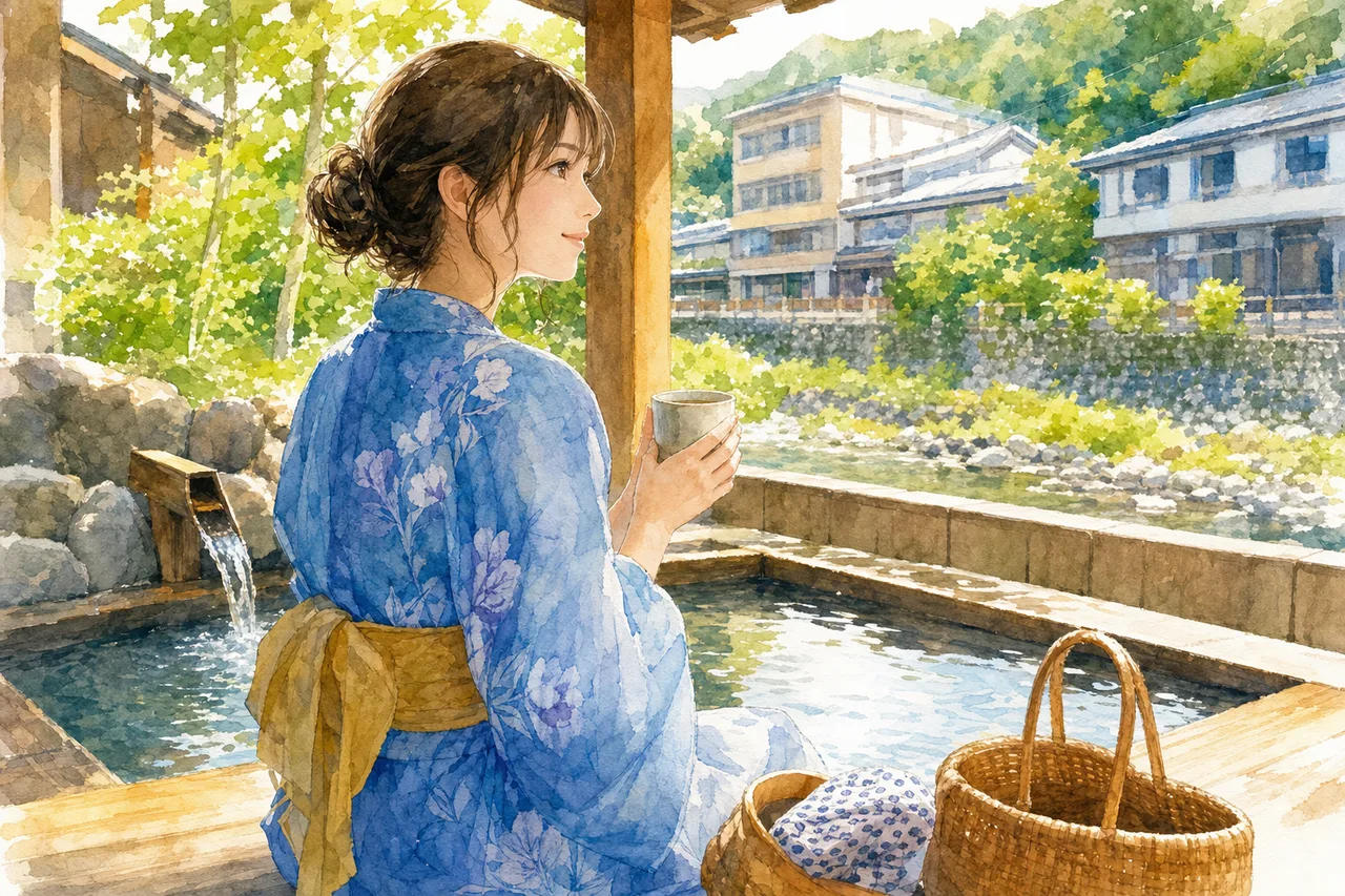 温泉地でくつろぐ旅行者 0718。旅行をテーマにした、広告・Web・記事制作に使いやすい素材です。