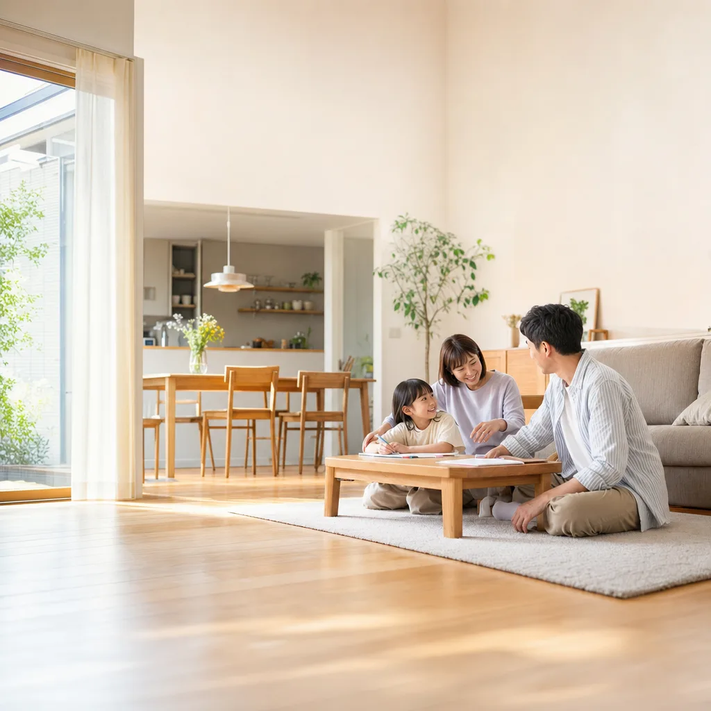 家族が集まるリビング 0734。住宅・建築をテーマにした、広告・Web・記事制作に使いやすい素材です。