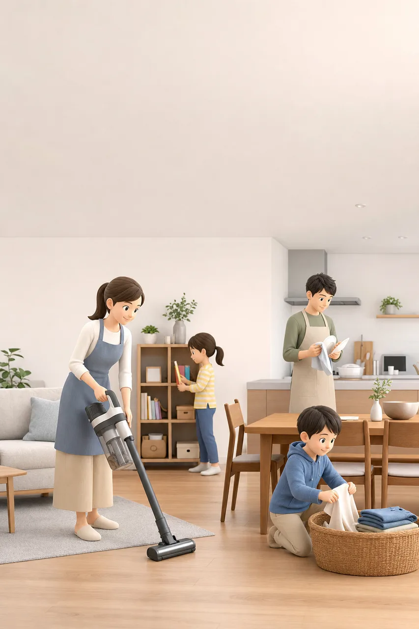 家事を分担する家族 0751。ライフスタイルをテーマにした、広告・Web・記事制作に使いやすい素材です。