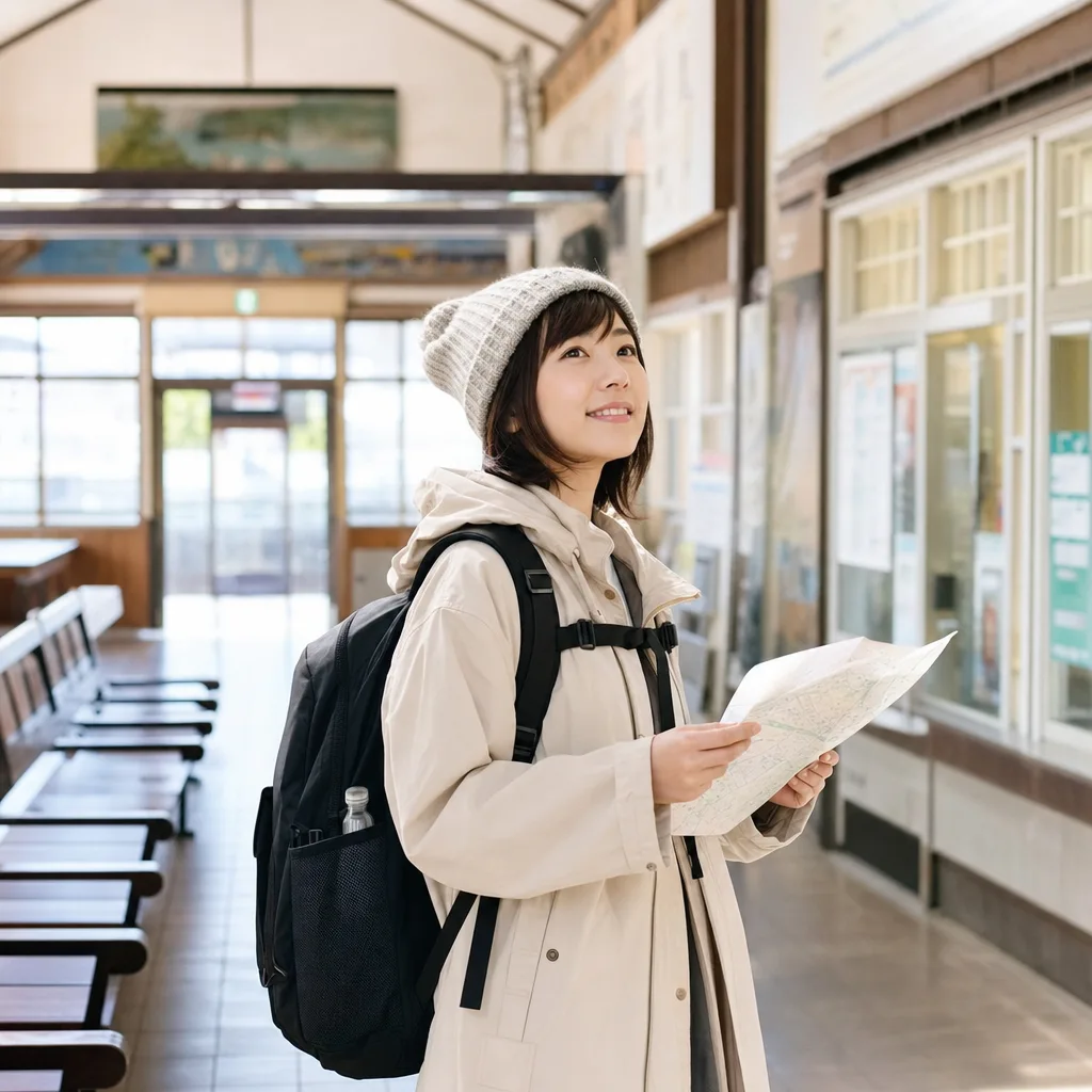 日本の地方都市を歩く旅人 0766。旅行をテーマにした、広告・Web・記事制作に使いやすい素材です。