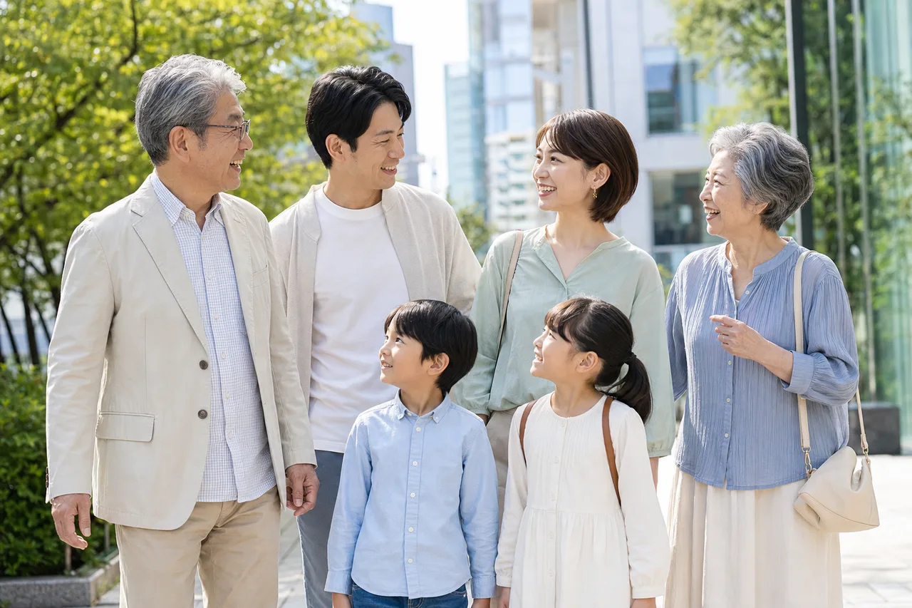 自然に会話する多世代の家族 0773。人物をテーマにした、広告・Web・記事制作に使いやすい素材です。
