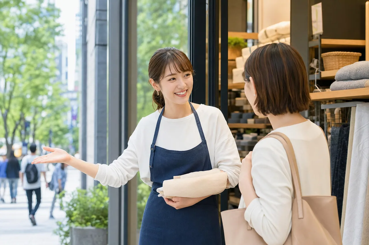 店舗スタッフの接客 0774。ビジネスをテーマにした、広告・Web・記事制作に使いやすい素材です。