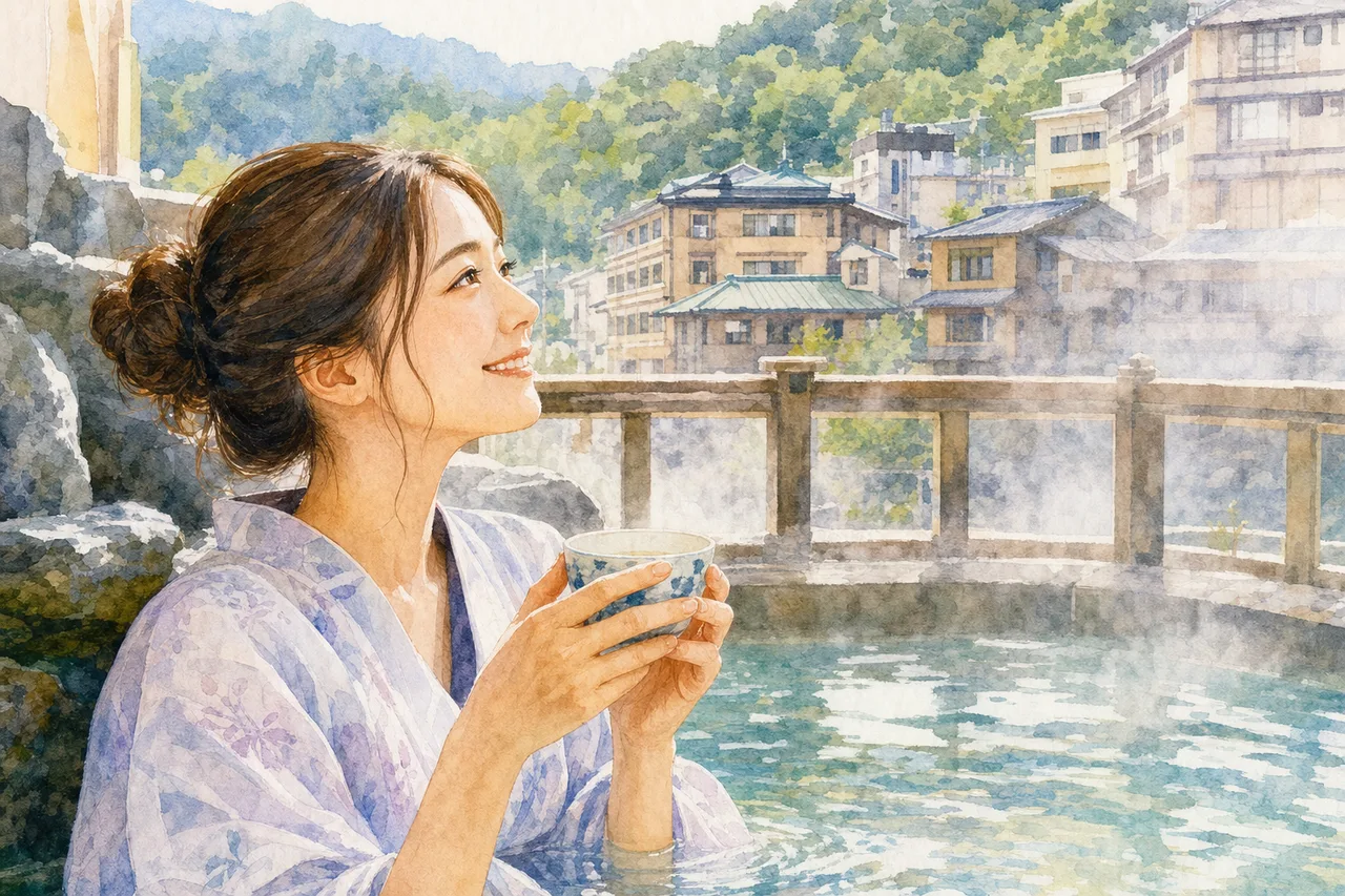 温泉地でくつろぐ旅行者 0778。旅行をテーマにした、広告・Web・記事制作に使いやすい素材です。