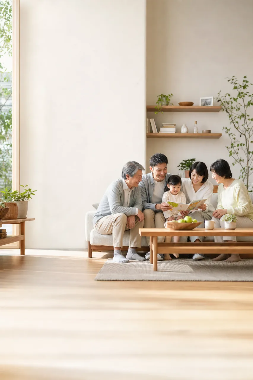 家族が集まるリビング 0794。住宅・建築をテーマにした、広告・Web・記事制作に使いやすい素材です。