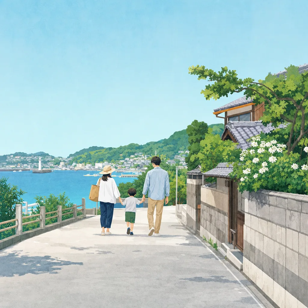 海辺の町の散策 0802。旅行をテーマにした、広告・Web・記事制作に使いやすい素材です。