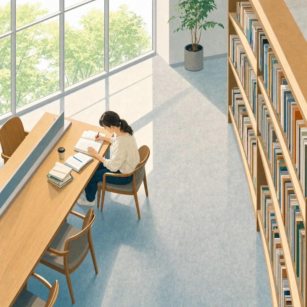 図書館で調べ物をする学生 0805。教育をテーマにした、広告・Web・記事制作に使いやすい素材です。