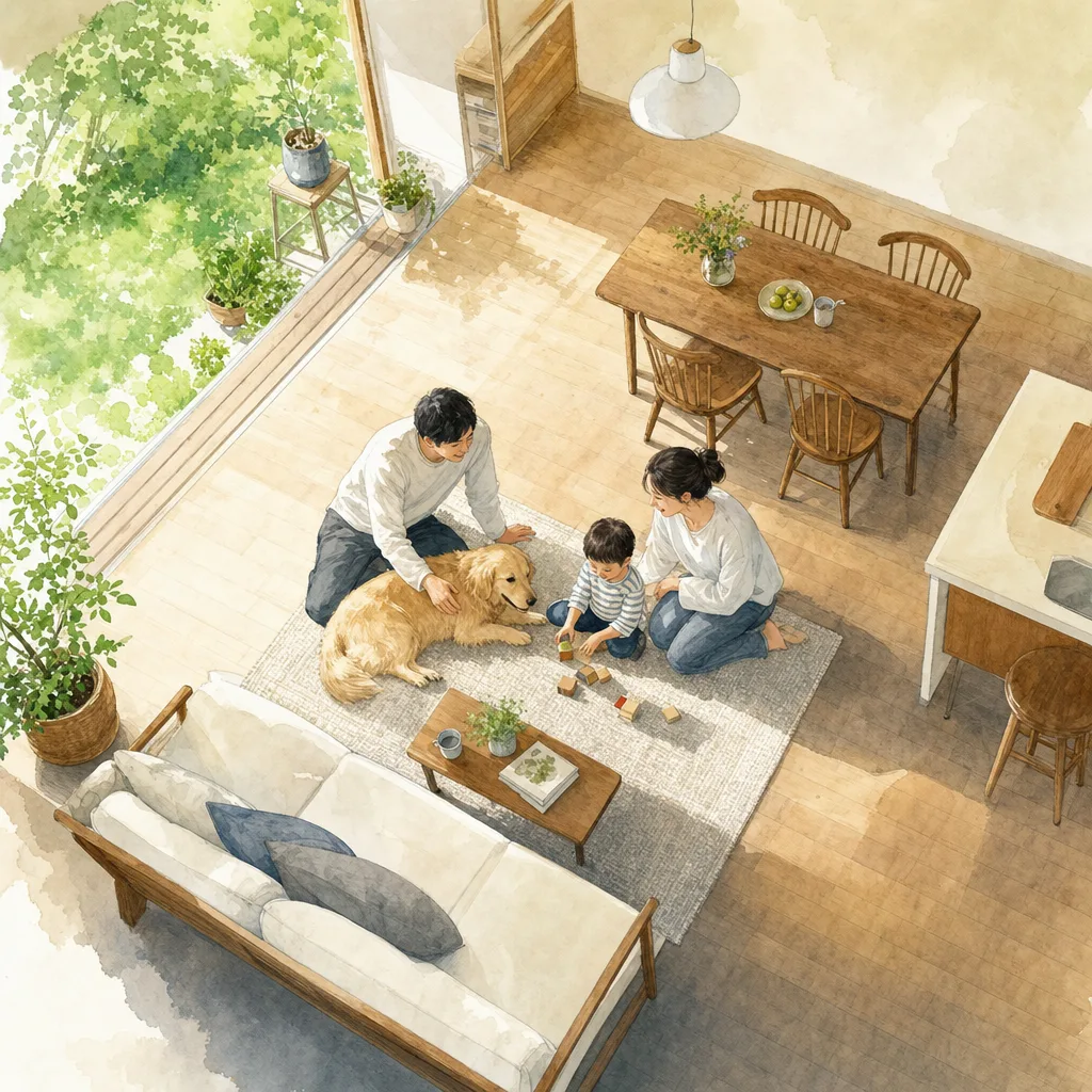 動物と暮らす家族 0807。動物をテーマにした、広告・Web・記事制作に使いやすい素材です。