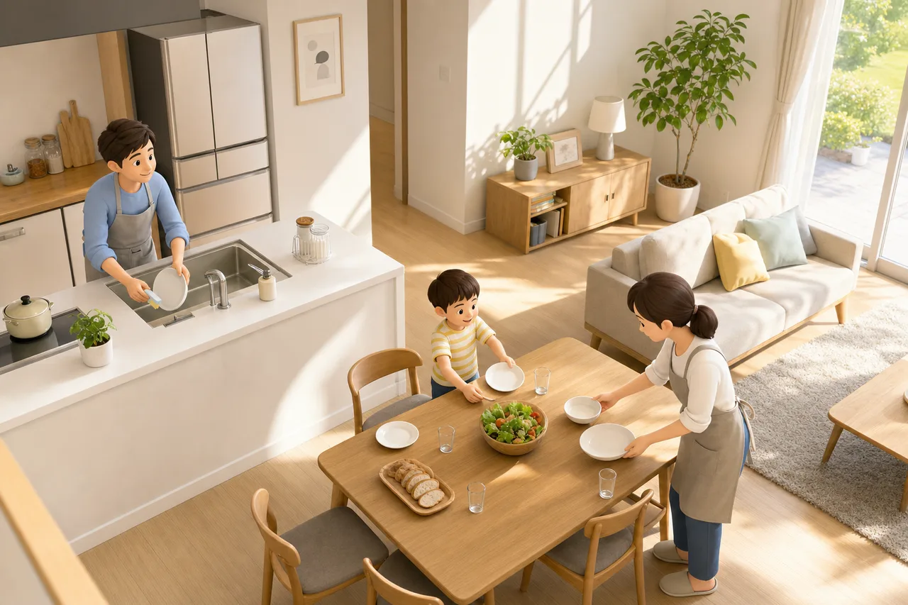 家事を分担する家族 0811。ライフスタイルをテーマにした、広告・Web・記事制作に使いやすい素材です。