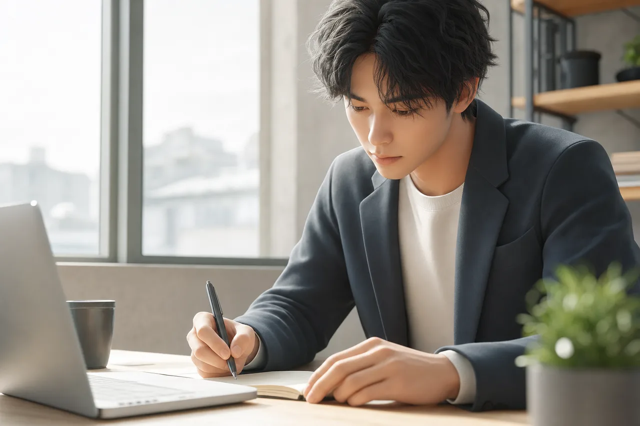 一人で集中する若い社会人 0845。人物をテーマにした、広告・Web・記事制作に使いやすい素材です。