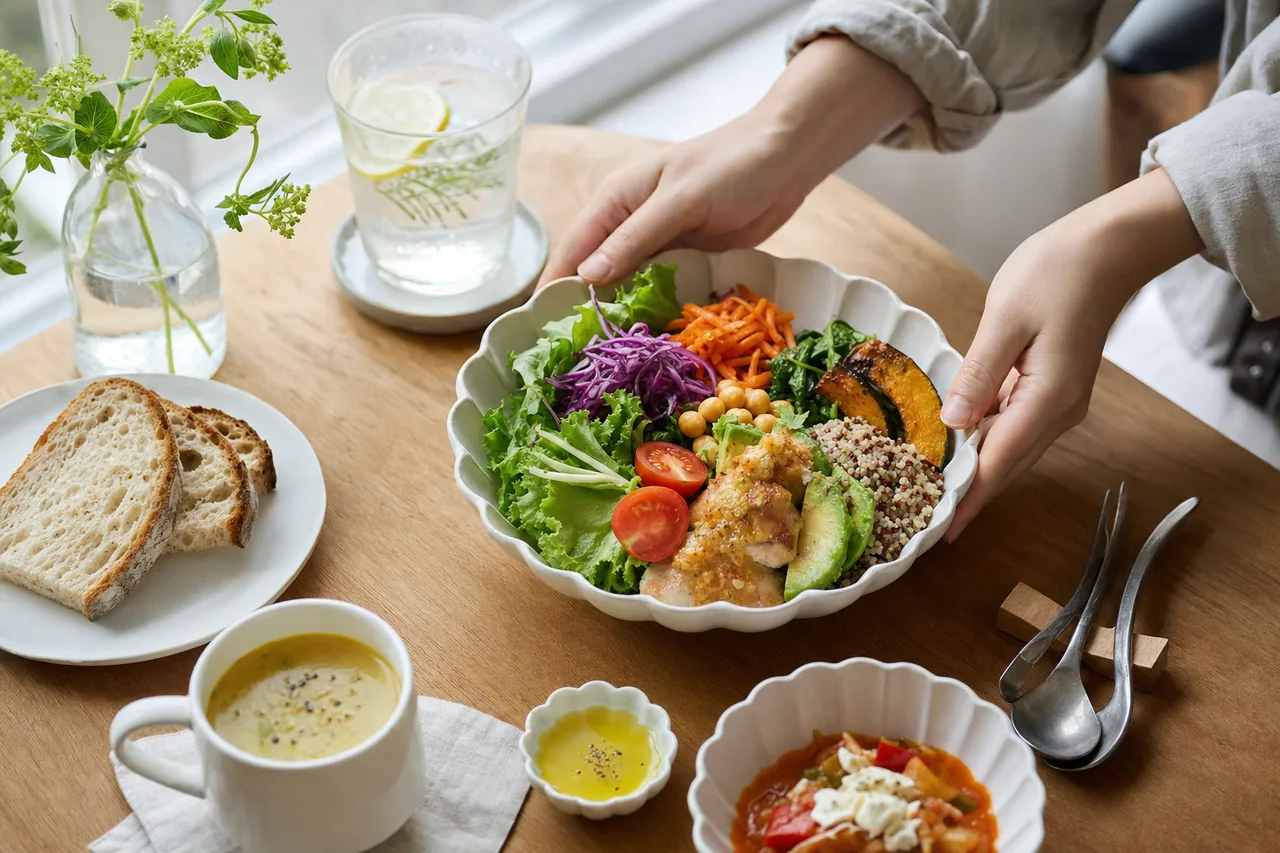 彩り豊かな健康的な料理 0848。食べ物をテーマにした、広告・Web・記事制作に使いやすい素材です。