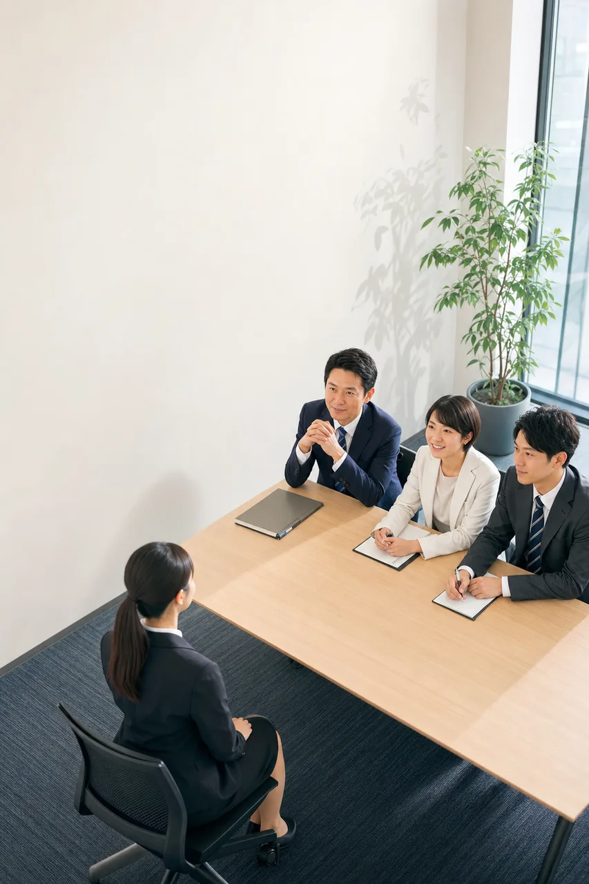日本企業の採用面接（Webサイト用）。日本企業の採用面接をテーマに、Webサイト用として使いやすく構成した商用AI素材です。