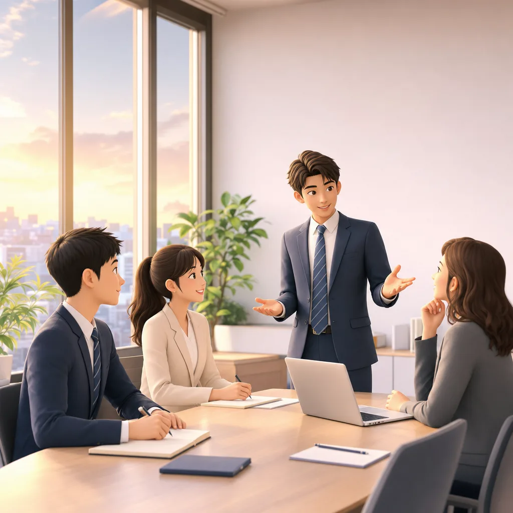 新入社員のオンボーディング研修（Webサイト用）。新入社員のオンボーディング研修をテーマに、Webサイト用として使いやすく構成した商用AI素材です。