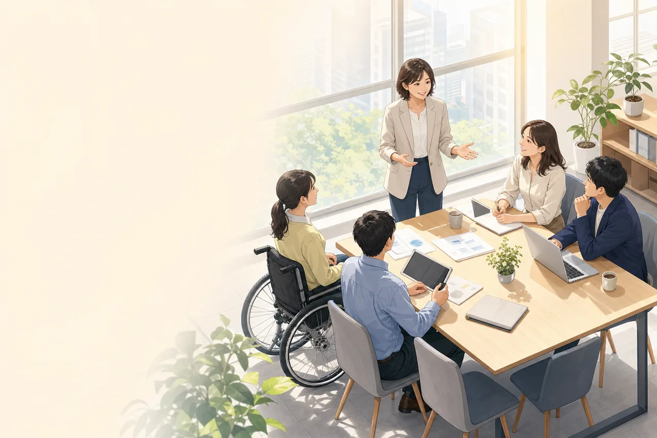 日本人女性管理職のリーダーシップ（Webサイト用）。日本人女性管理職のリーダーシップをテーマに、Webサイト用として使いやすく構成した商用AI素材です。