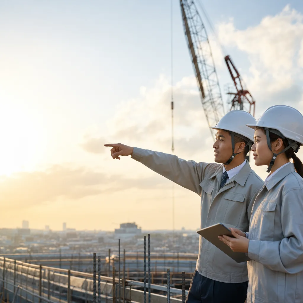 建設現場で安全確認する作業員（Webサイト用）。建設現場で安全確認する作業員をテーマに、Webサイト用として使いやすく構成した商用AI素材です。