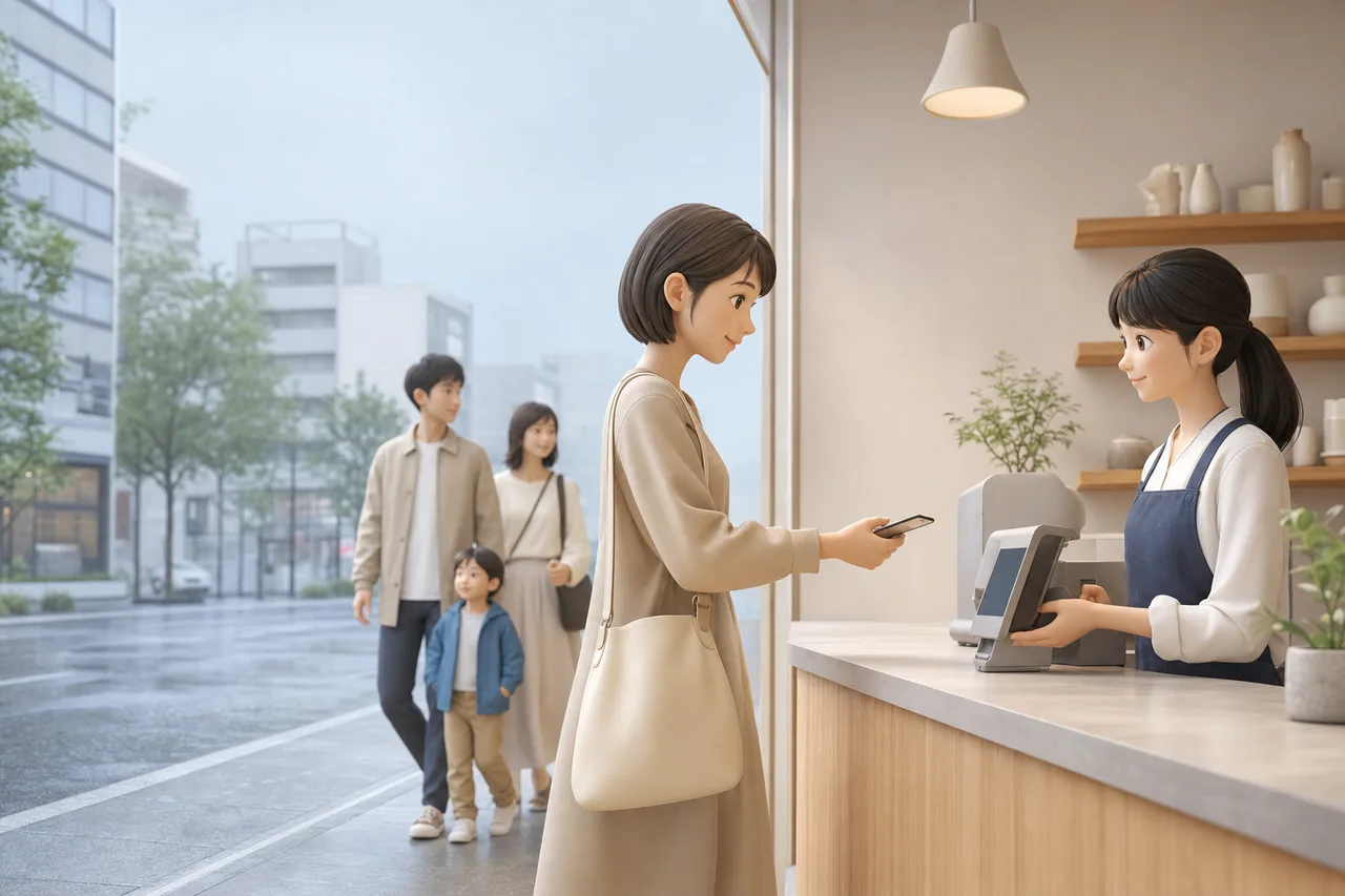 店舗でキャッシュレス決済する顧客（Webサイト用）。店舗でキャッシュレス決済する顧客をテーマに、Webサイト用として使いやすく構成した商用AI素材です。
