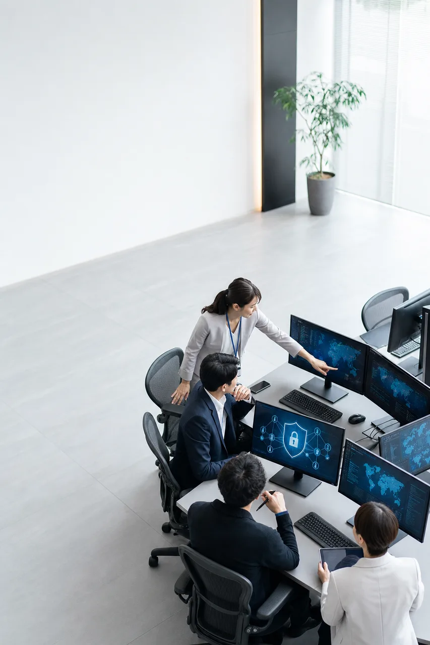 企業のサイバーセキュリティ対策（Webサイト用）。企業のサイバーセキュリティ対策をテーマに、Webサイト用として使いやすく構成した商用AI素材です。